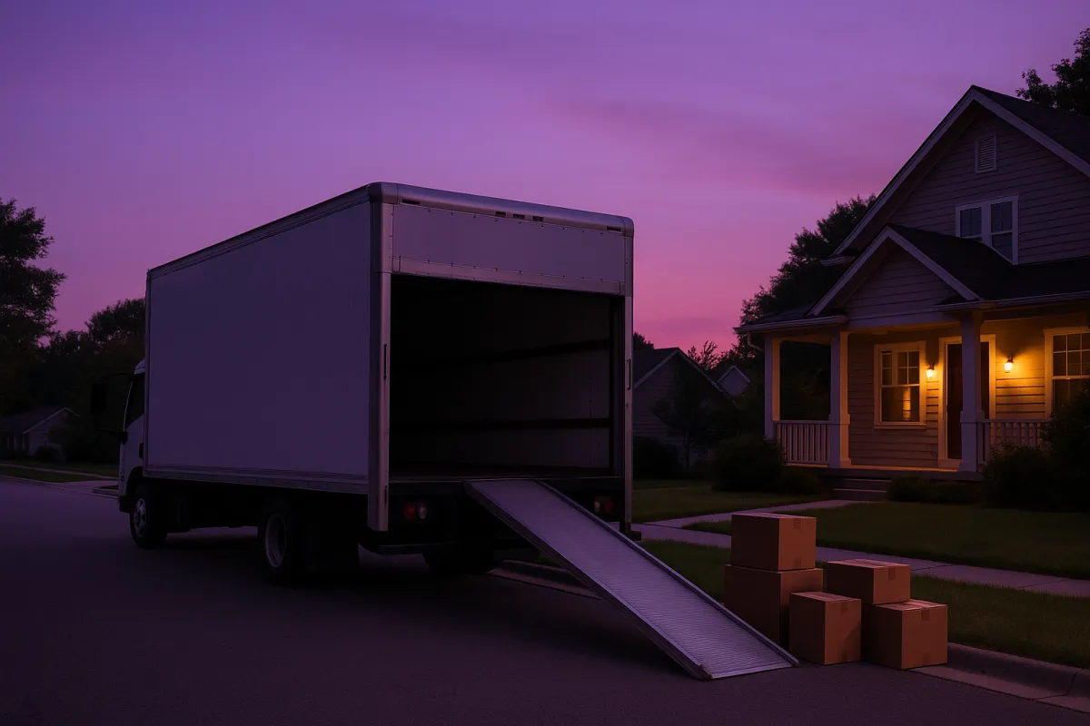 A box truck's loading ramp lowered at dusk, with stacked cardboard moving boxes on the sidewalk in front of a house with its porch light on