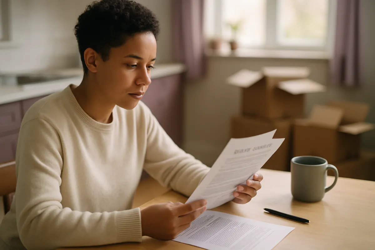 A person in a cream sweater sitting at a wooden table reading a printed page, a grey mug and a black pen nearby and stacked cardboard moving boxes in the room behind them