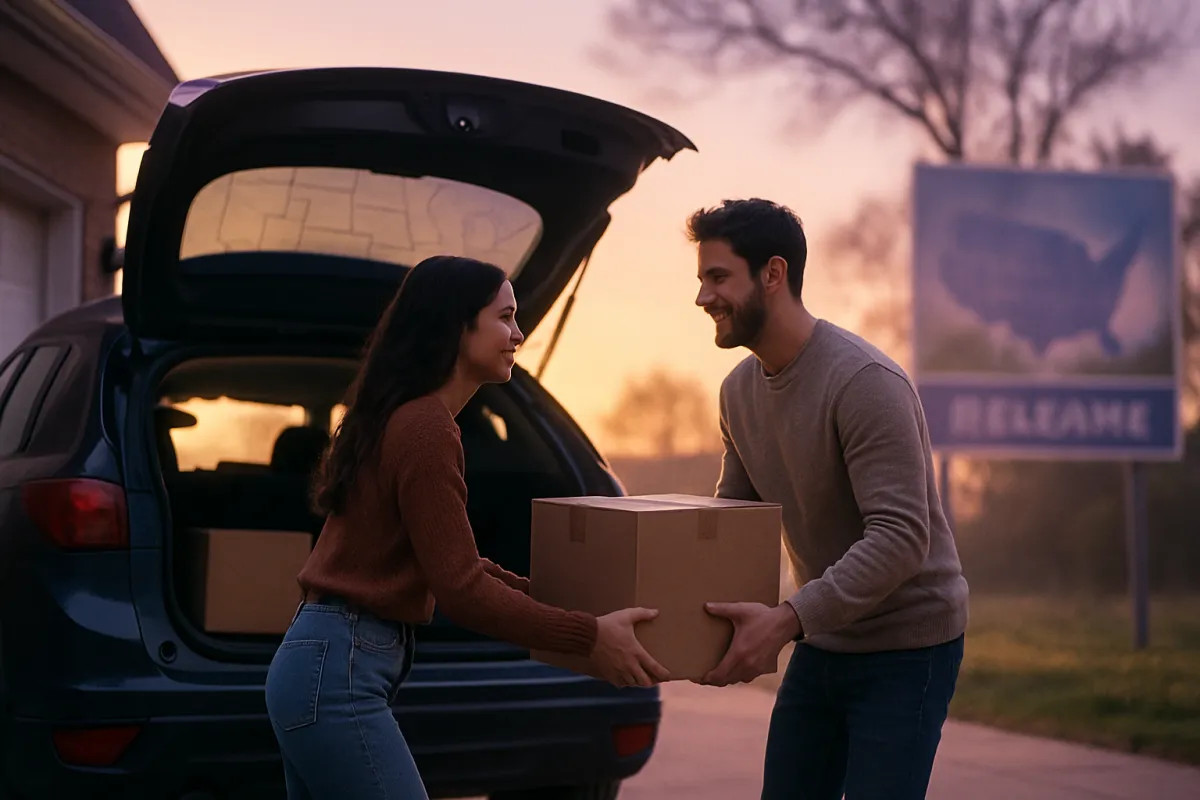 A man and a woman exchange a cardboard box beside a car with its trunk open at dusk, a road sign showing a blue U.S. map silhouette and the word welcome visible behind them