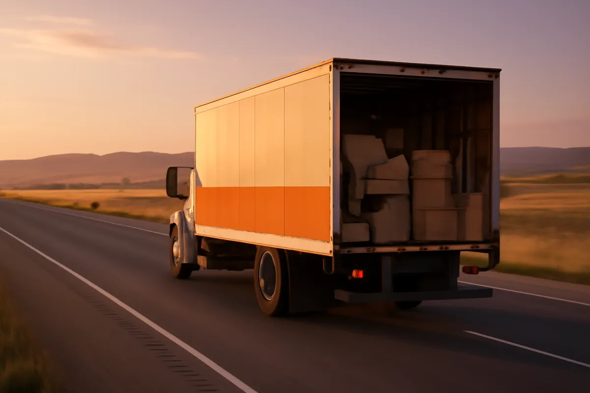 An unbranded box truck painted white with an orange lower stripe, rear door raised to show stacked moving boxes inside, driving a two-lane highway at sunset