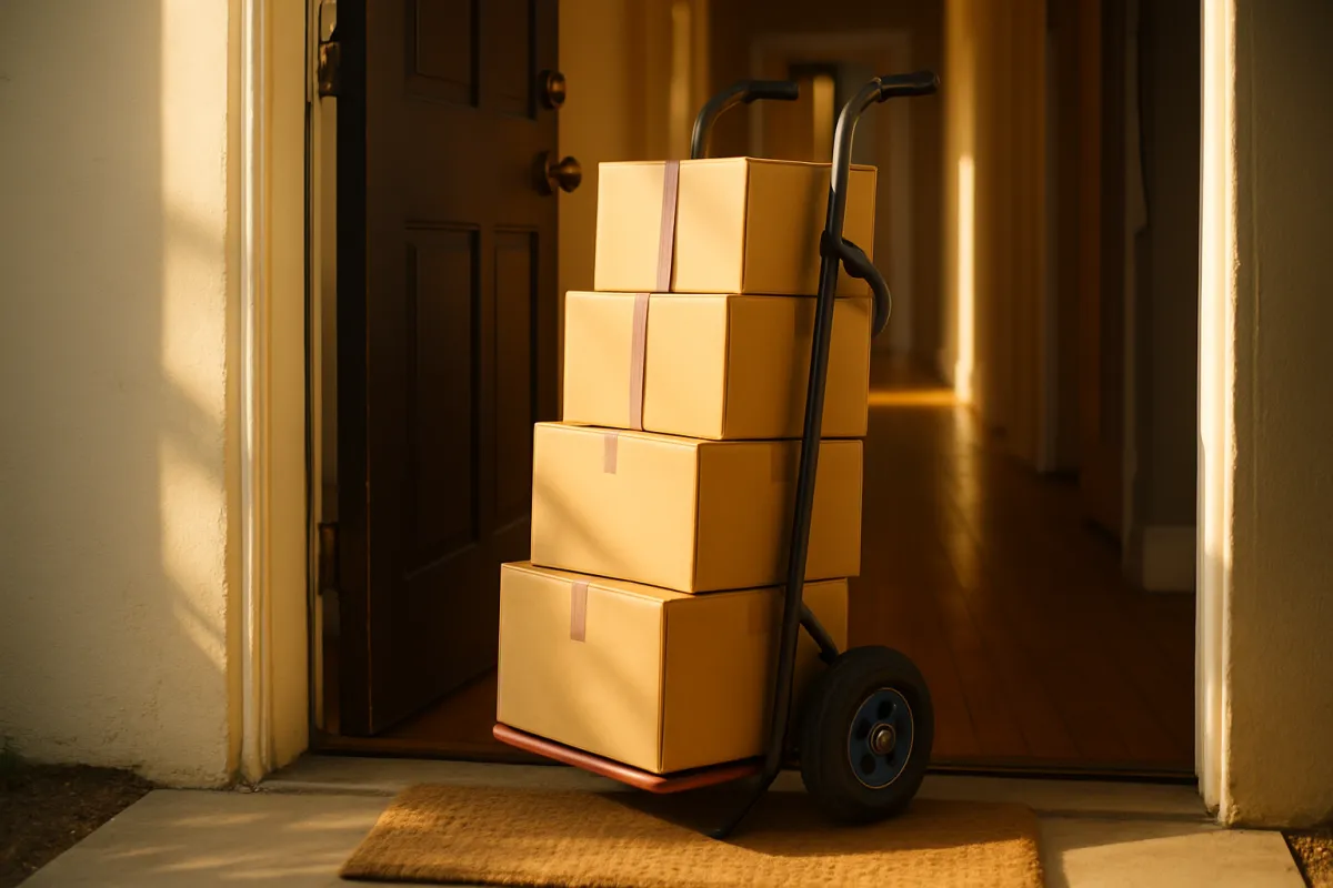A loaded hand truck stacked with four taped cardboard boxes at an open front door, a woven doormat underneath and a hallway stretching into the background