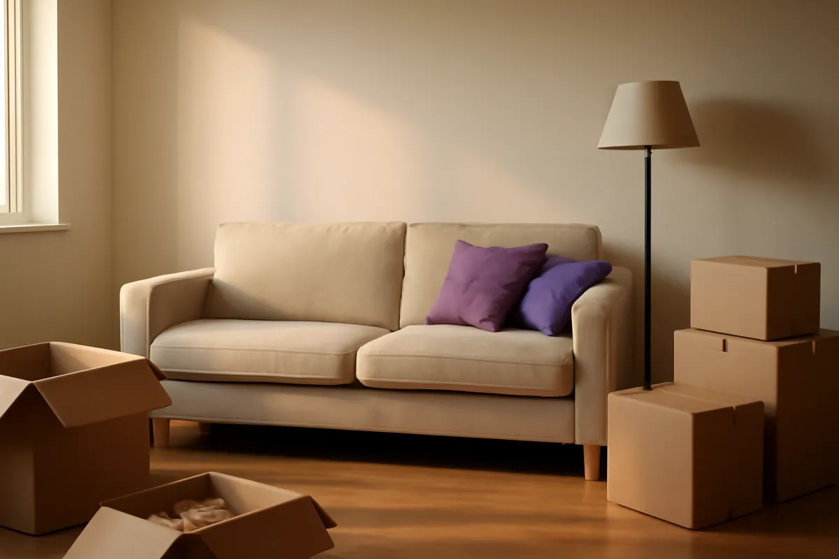 A pale beige two-seat sofa with two purple cushions and a floor lamp against a plain wall, with open and stacked cardboard moving boxes on the wooden floor around it