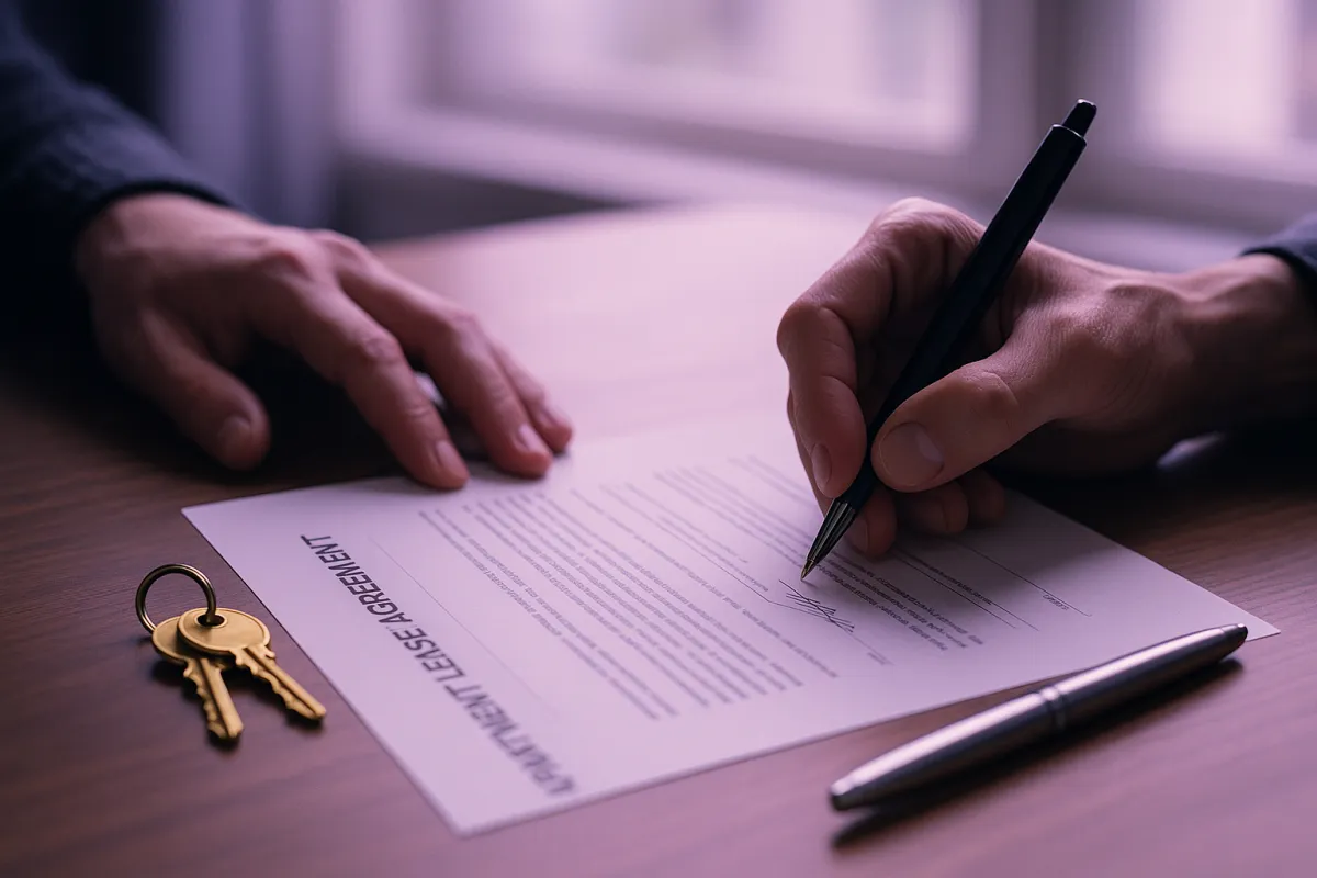 Two hands at a wooden desk, one resting beside a page headed Apartment Lease Agreement while the other signs it with a pen, a set of keys and a second pen on the desk beside it