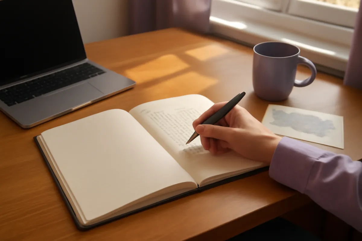 A calculator and a pen resting on a spiral notebook with empty ruled columns, lit in cool purple tones