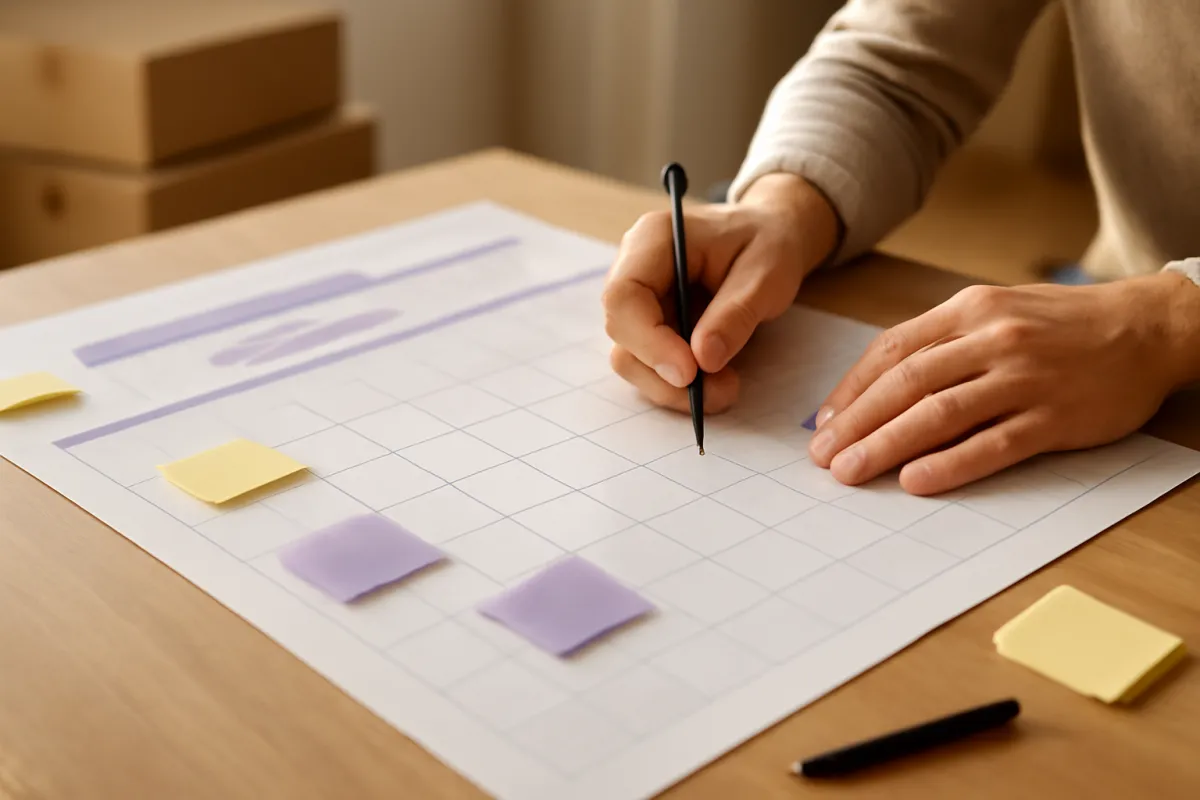 A hand holding a pen drawing lines on a grid sheet marked with purple highlighter bands, yellow and purple sticky notes on the paper, and a stack of boxes blurred in the background